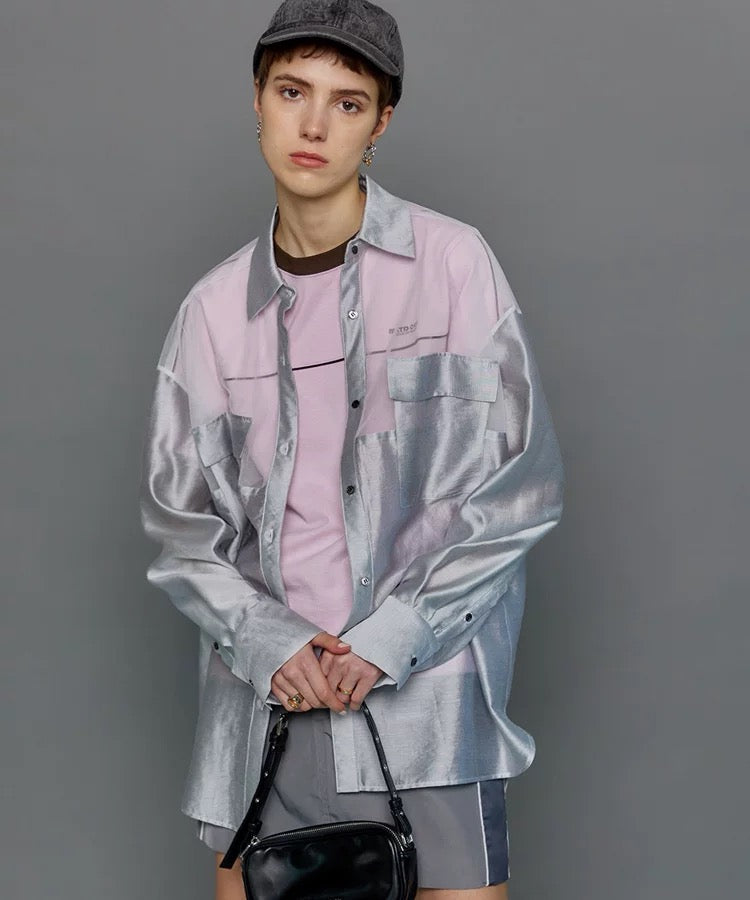 TULLE DOCKING SHEER OVERSIZED SHIRT