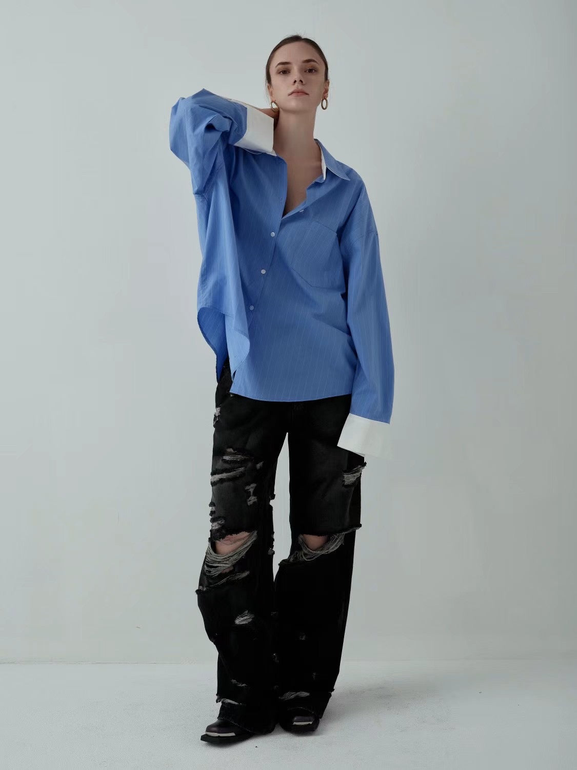 CONTRAST CUFF PINSTRIPES SHIRT
