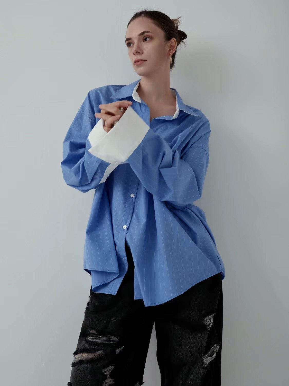 CONTRAST CUFF PINSTRIPES SHIRT
