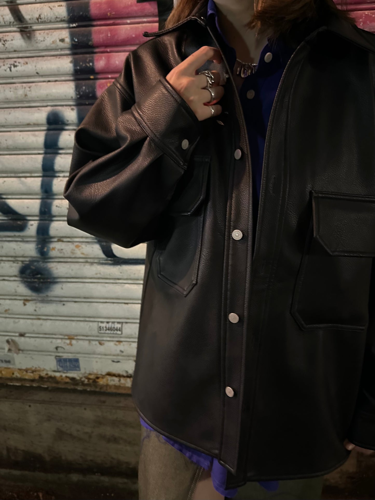 FLAP POCKET FAUX LEATHER SHIRT JACKET