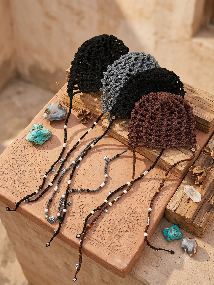 HANDMADE BOHEMIAN CROCHET BEADED BONNET HAT