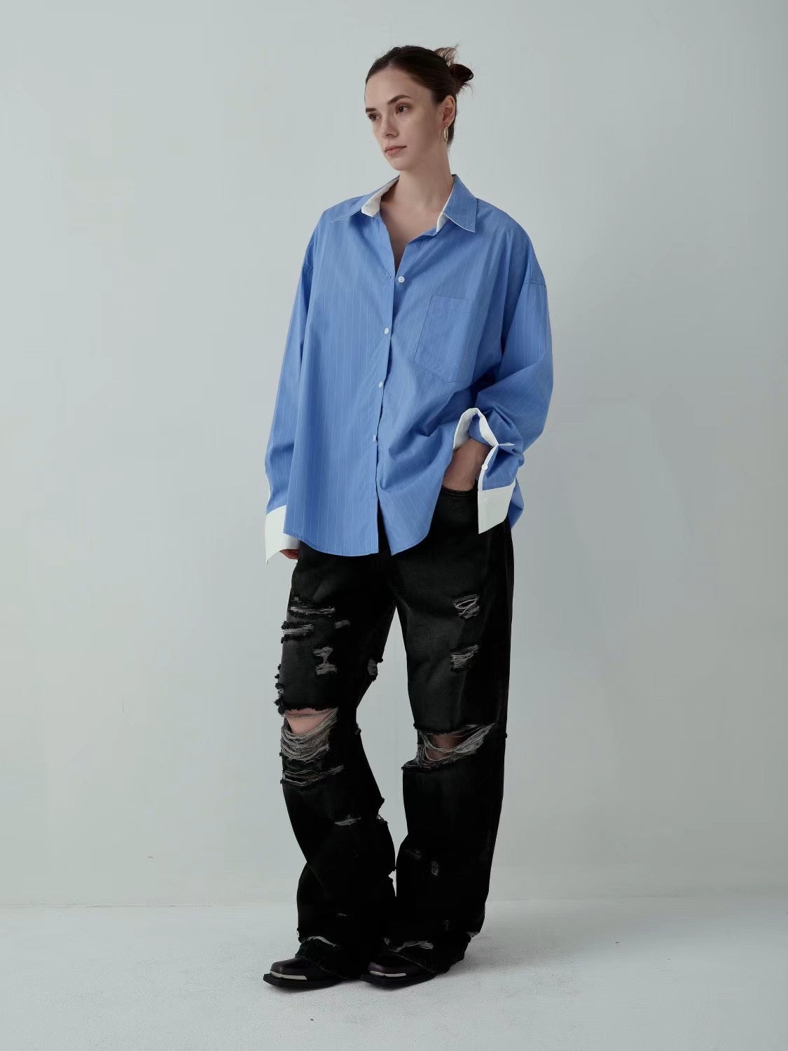 CONTRAST CUFF PINSTRIPES SHIRT