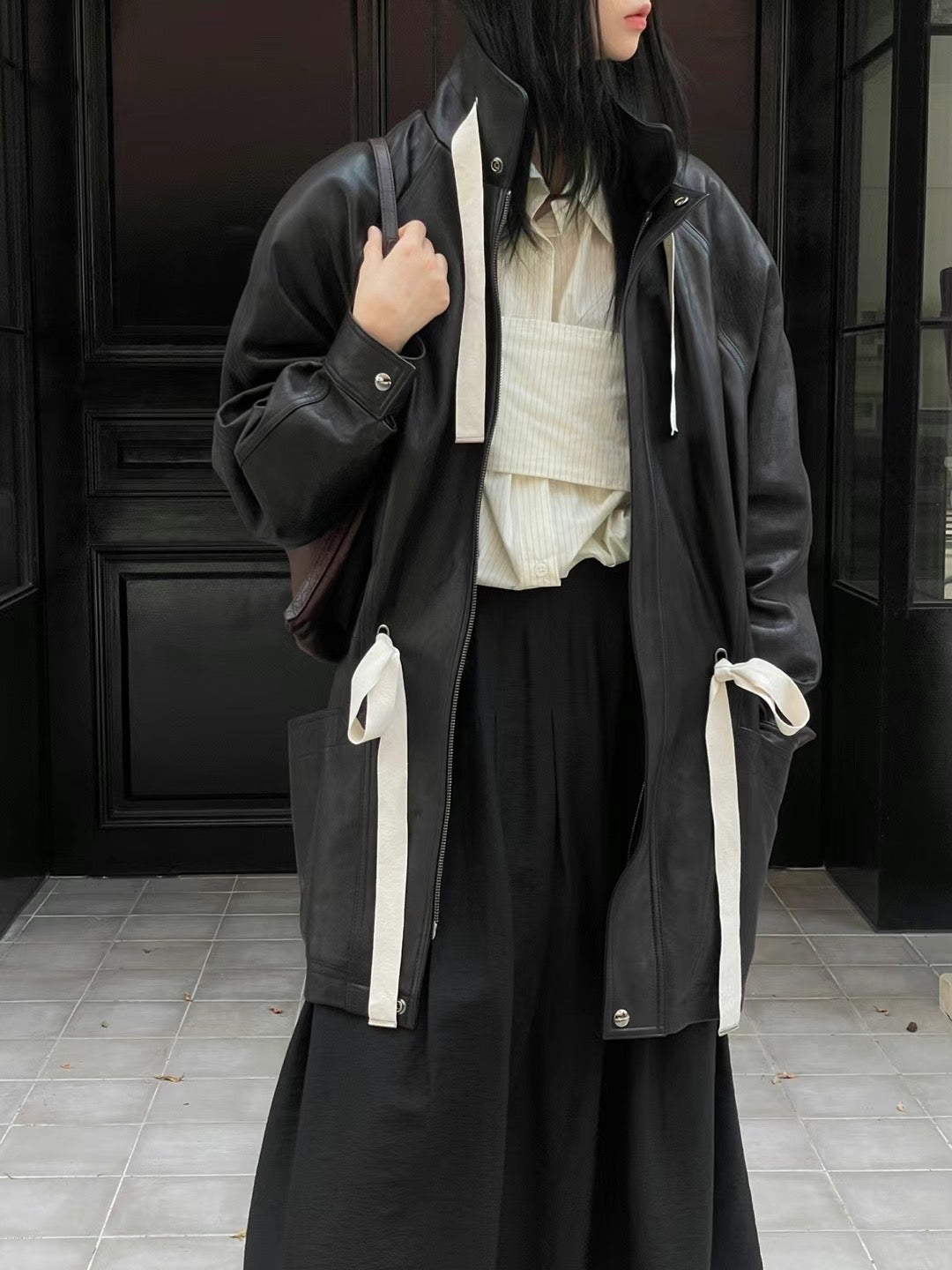 !!!LAST ORDER - SPECIAL OFFER until Sunday!!! MID LENGTH WHITE STRAP LEATHER JACKET