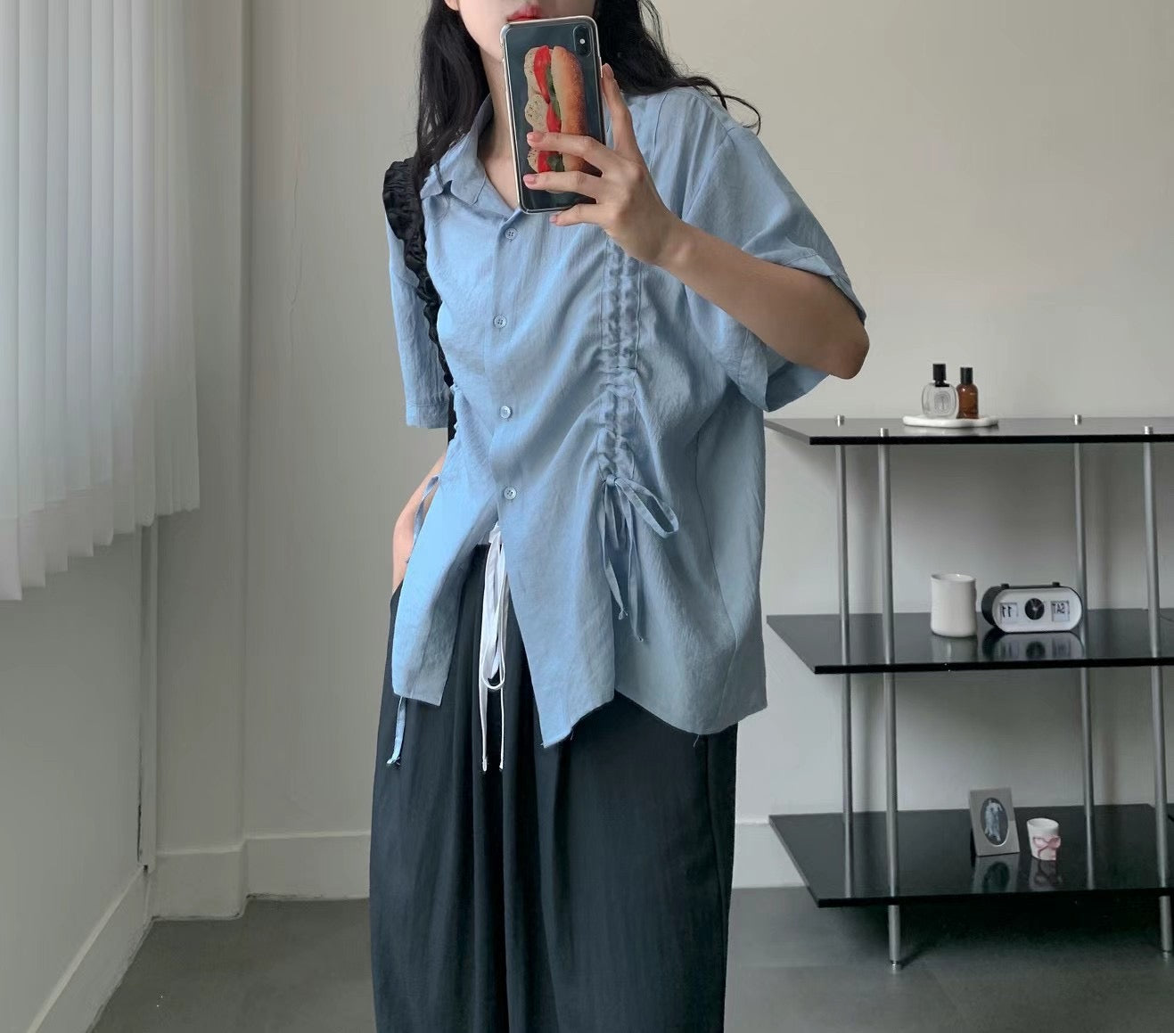 DRAWSTRING RUFFLES SHIRT