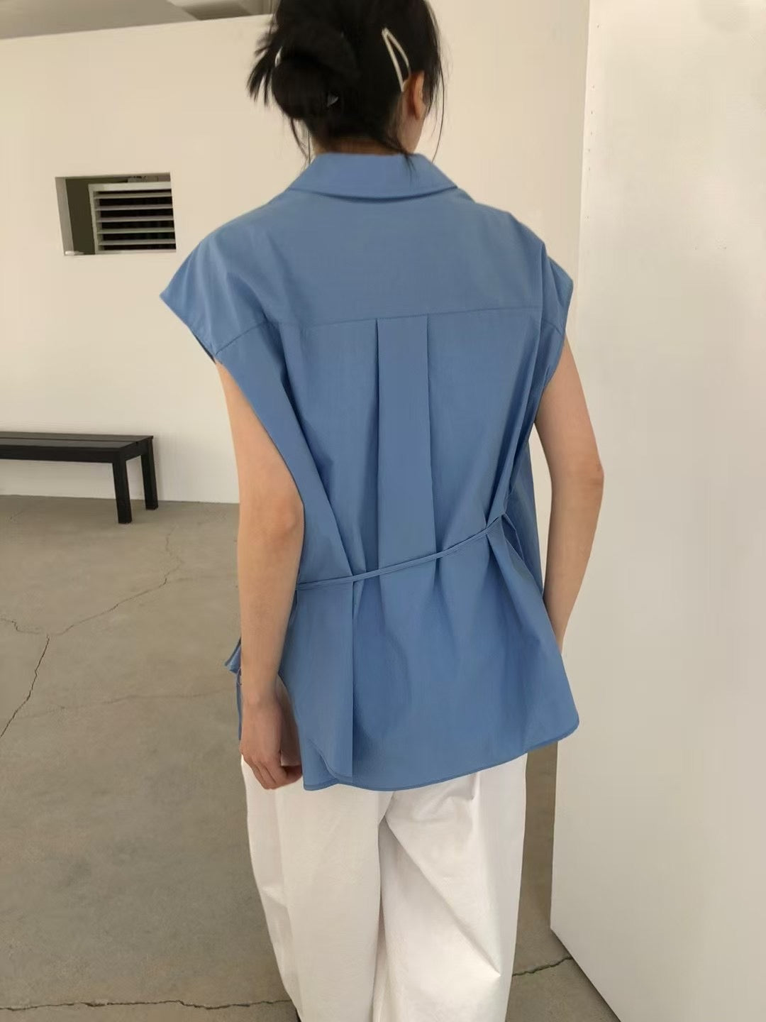 DRAWSTRING CAP SLEEVES SHIRT