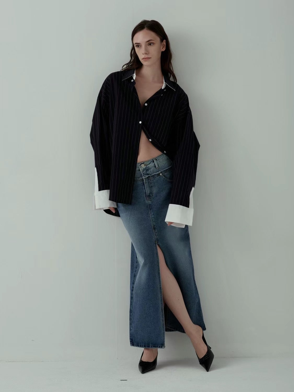 CONTRAST CUFF PINSTRIPES SHIRT