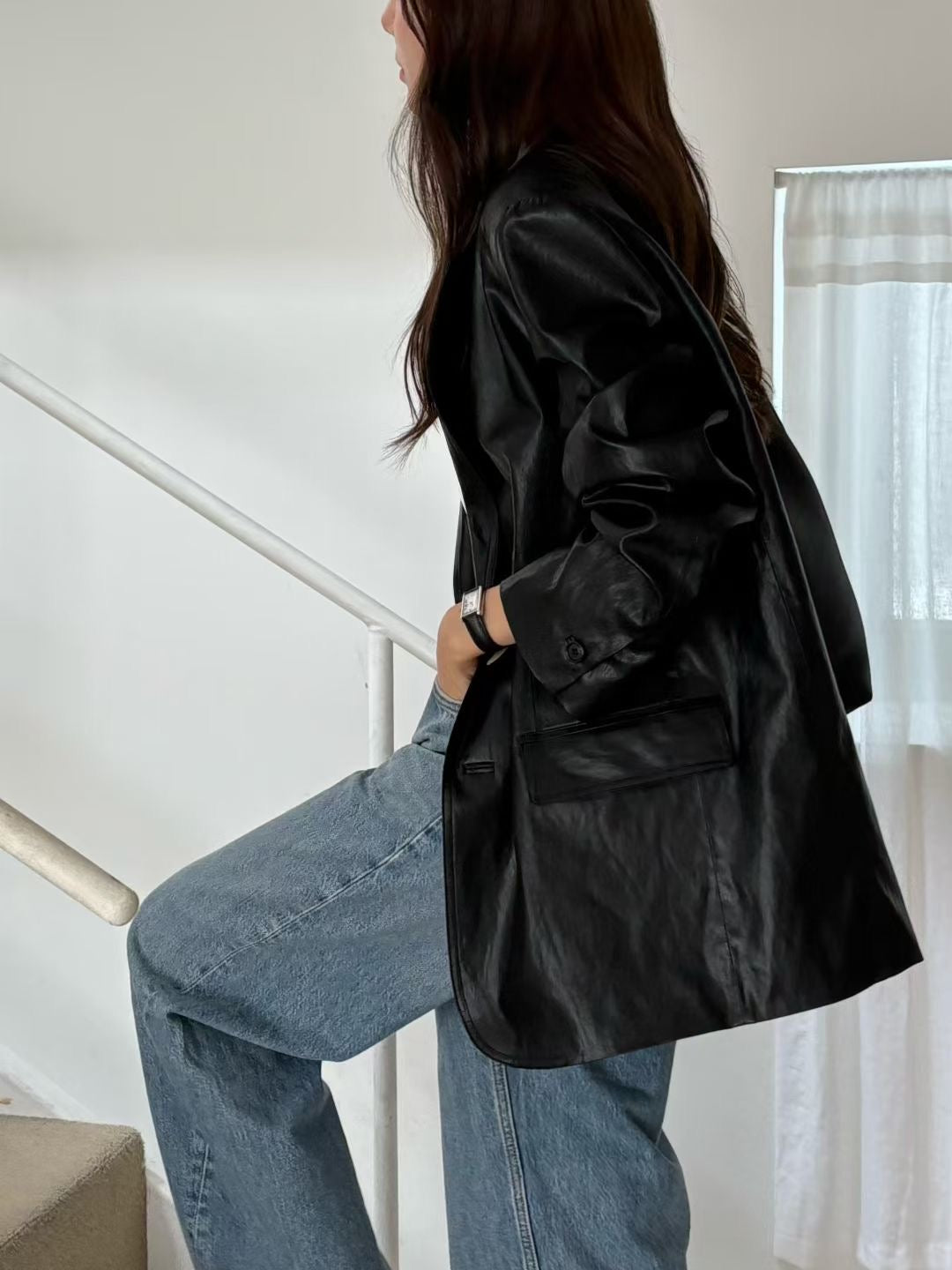 OIL WAX LEATHER LIKED PU BLAZER