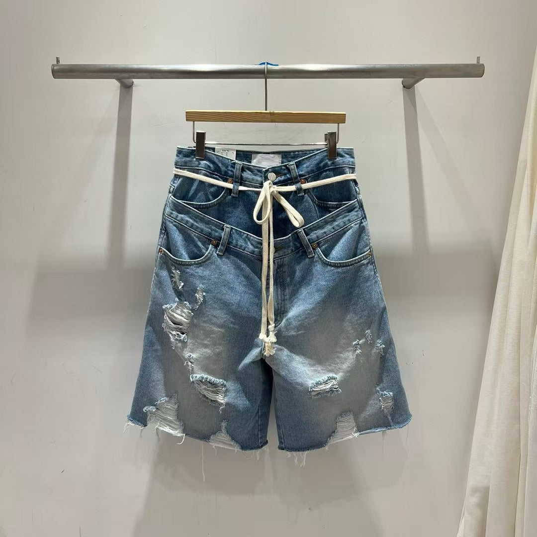 2 LAYER WAISTED DENIM SHORTS
