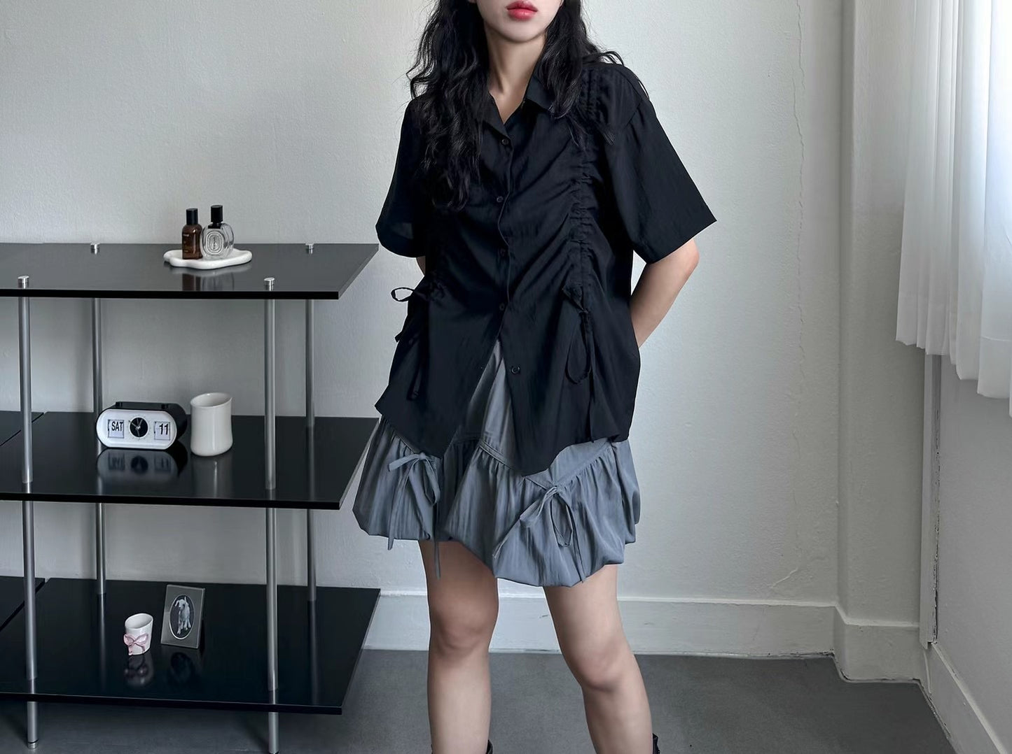 DRAWSTRING RUFFLES SHIRT