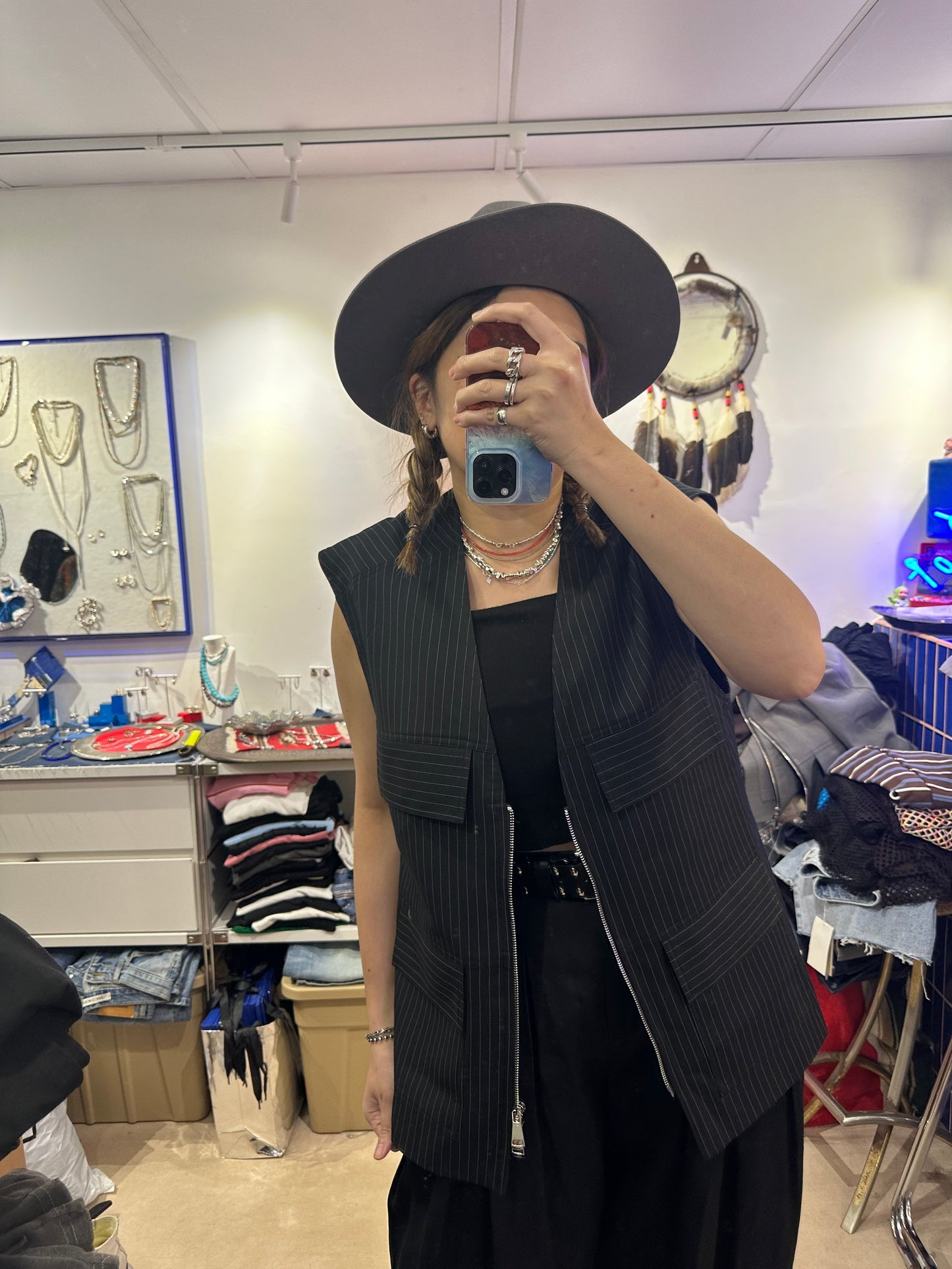 • FUSSY MADE • JET BLACK PINSTRIPE POCKET BLAZER VEST