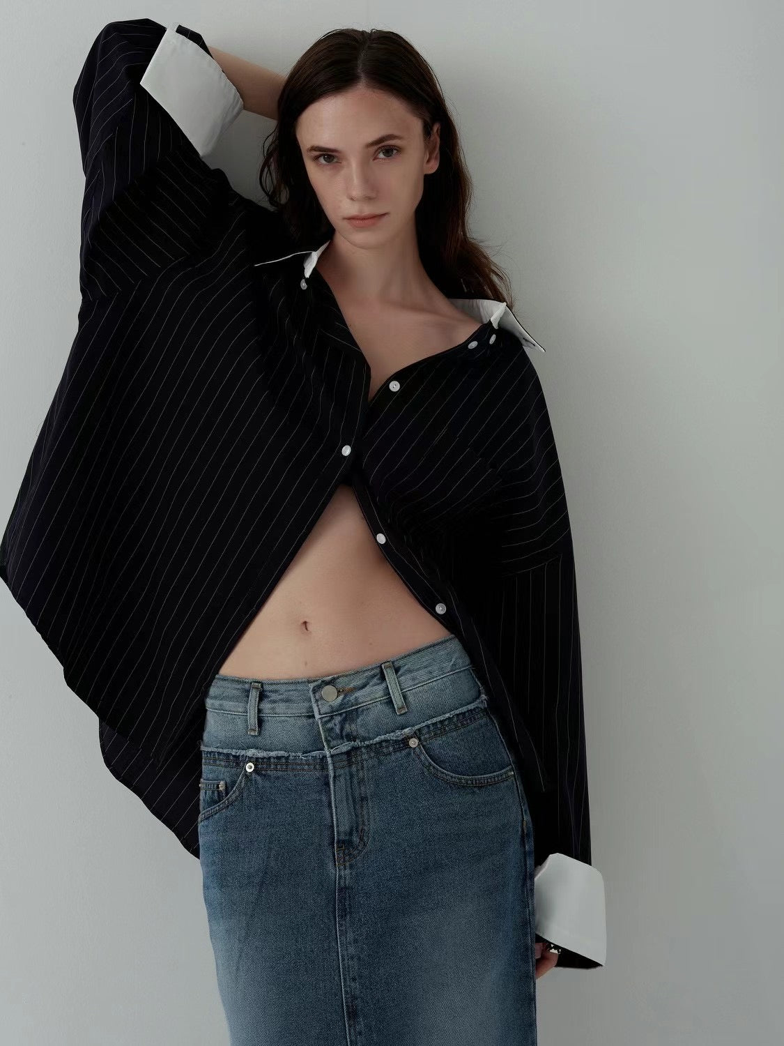 CONTRAST CUFF PINSTRIPES SHIRT