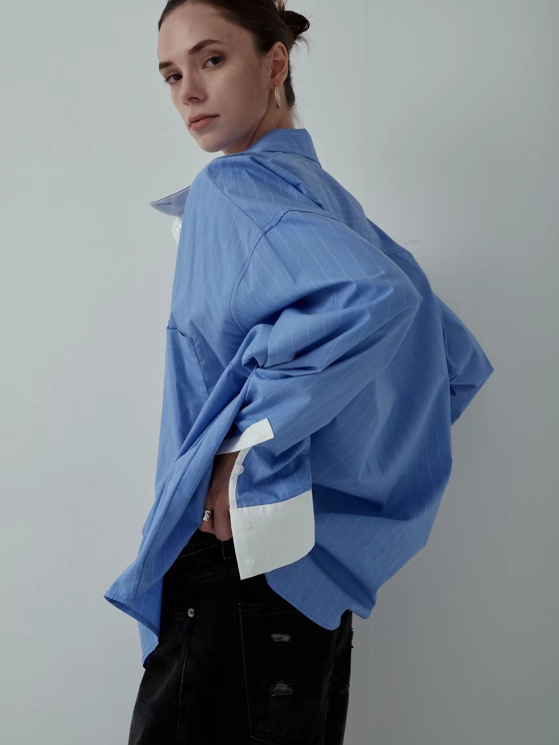 CONTRAST CUFF PINSTRIPES SHIRT