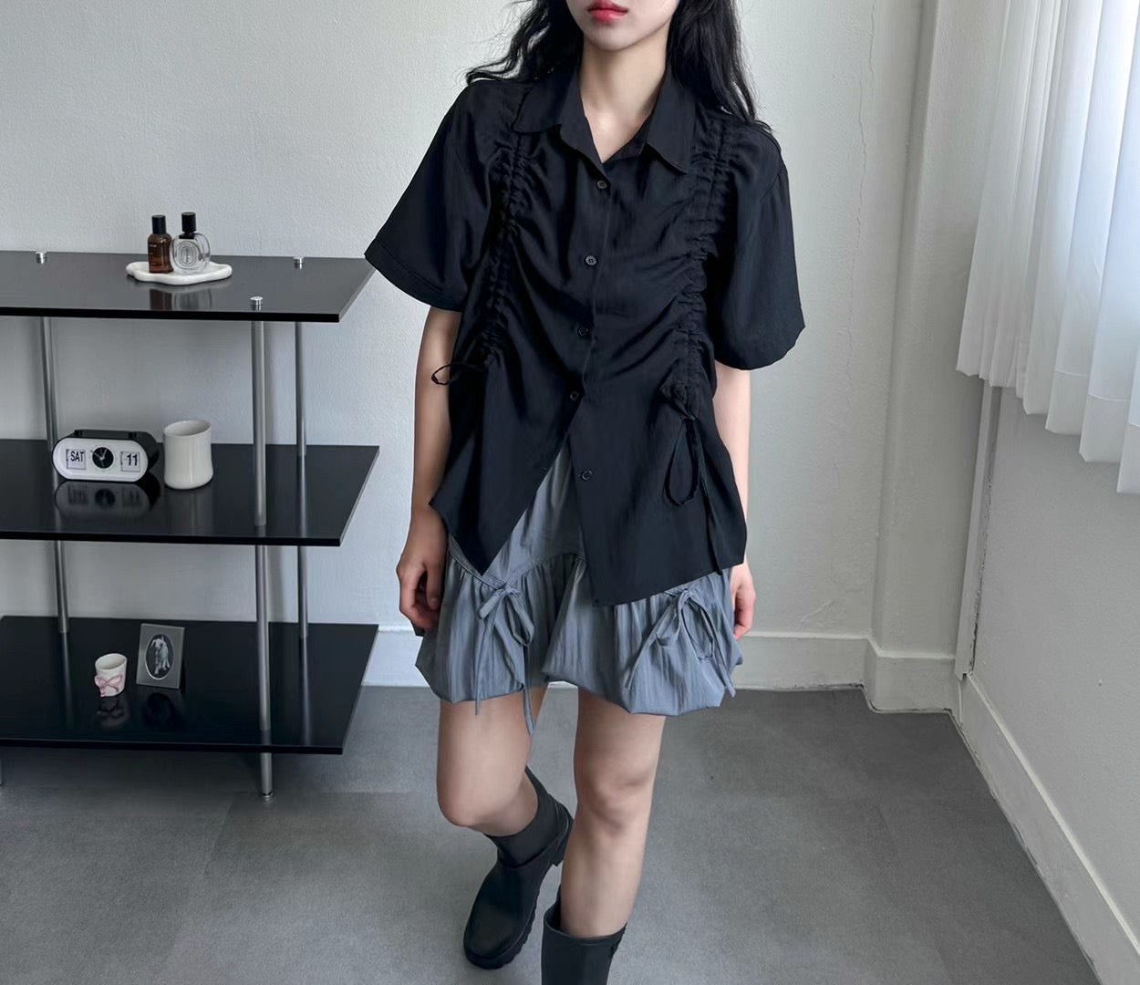 DRAWSTRING RUFFLES SHIRT