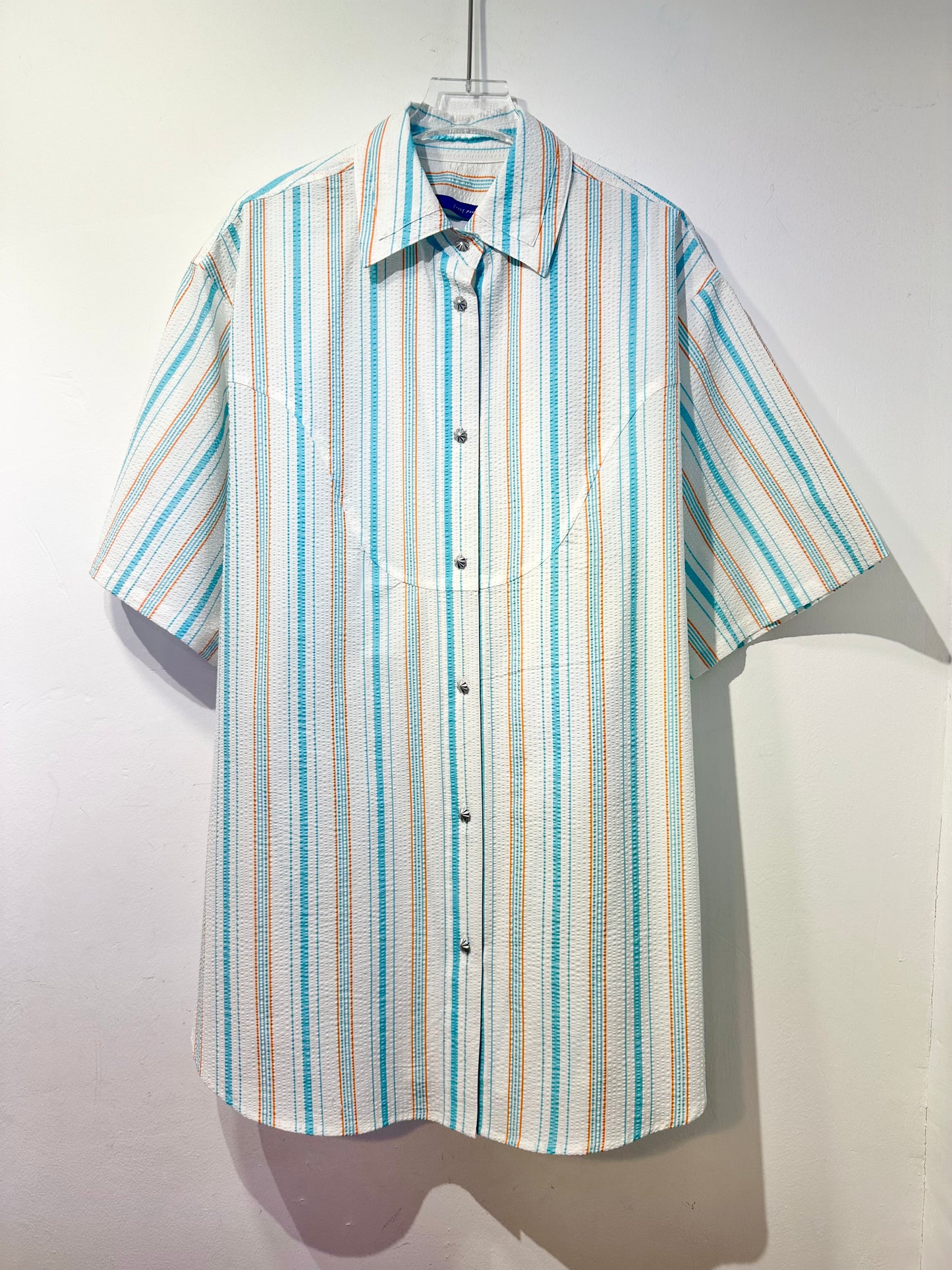 • FUSSY MADE • TEXTURED AQUA STRIPE SHIRT