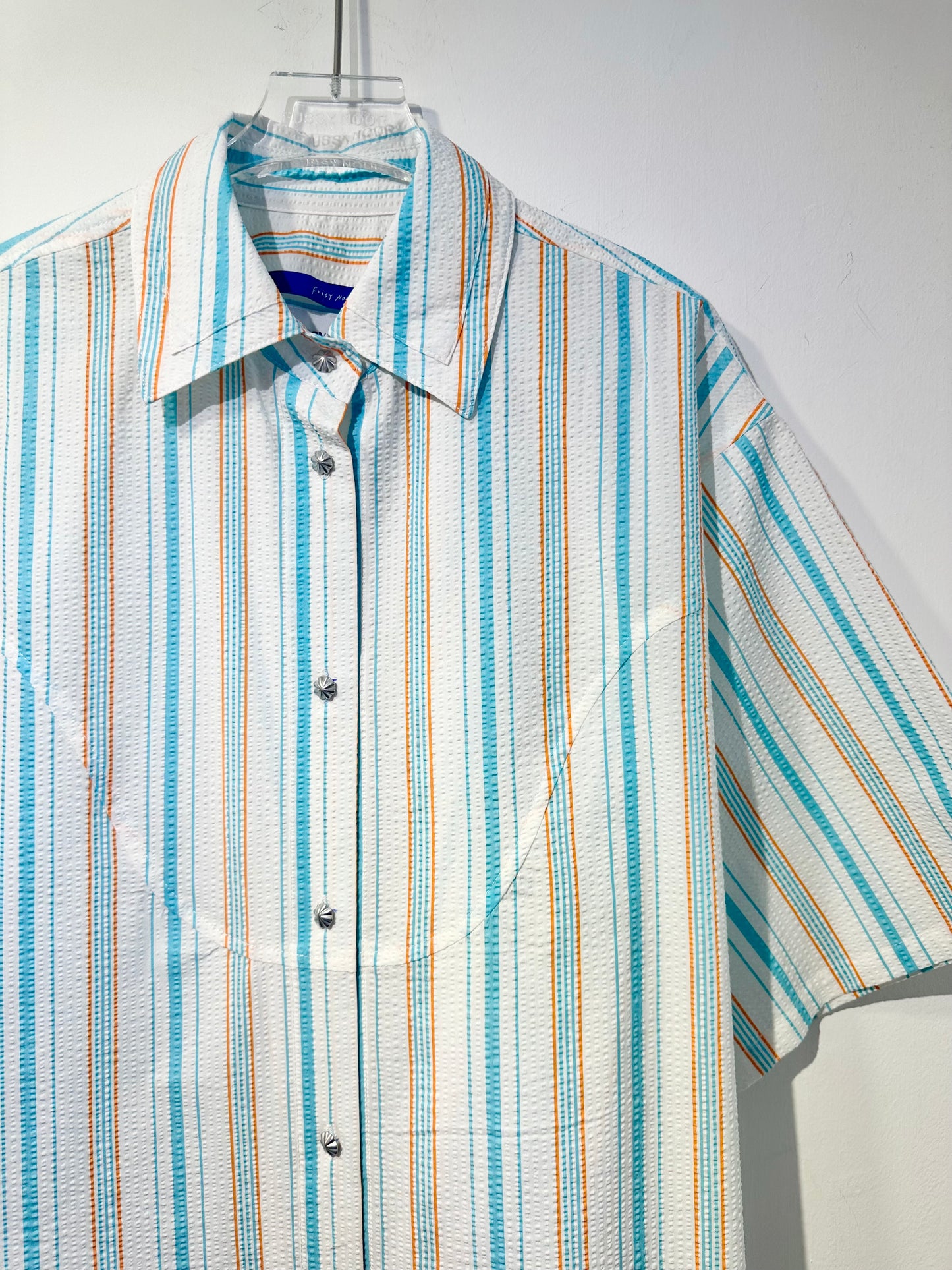 • FUSSY MADE • TEXTURED AQUA STRIPE SHIRT