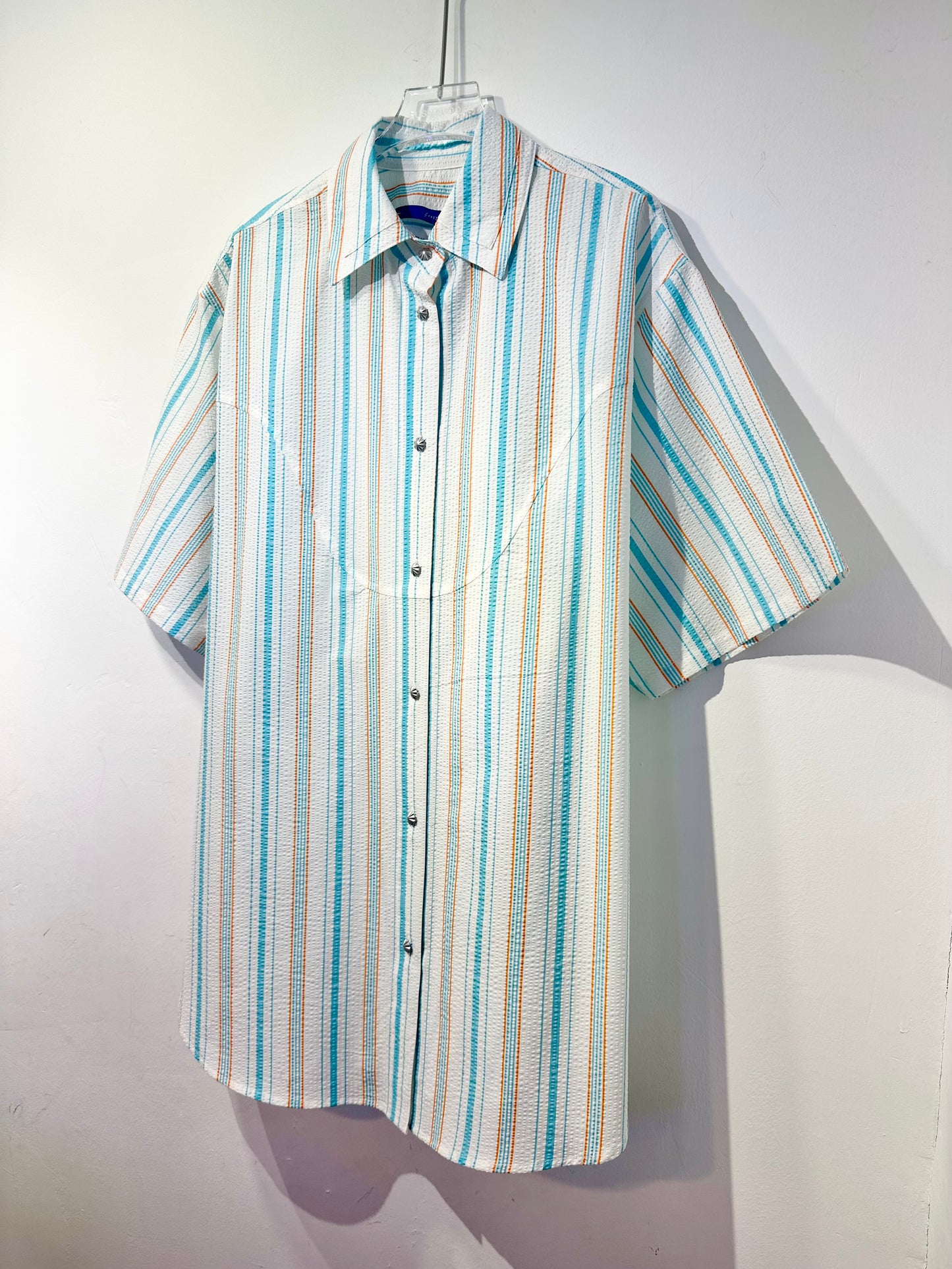 • FUSSY MADE • TEXTURED AQUA STRIPE SHIRT