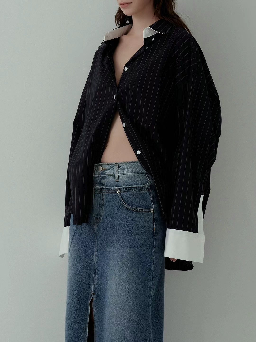 CONTRAST CUFF PINSTRIPES SHIRT