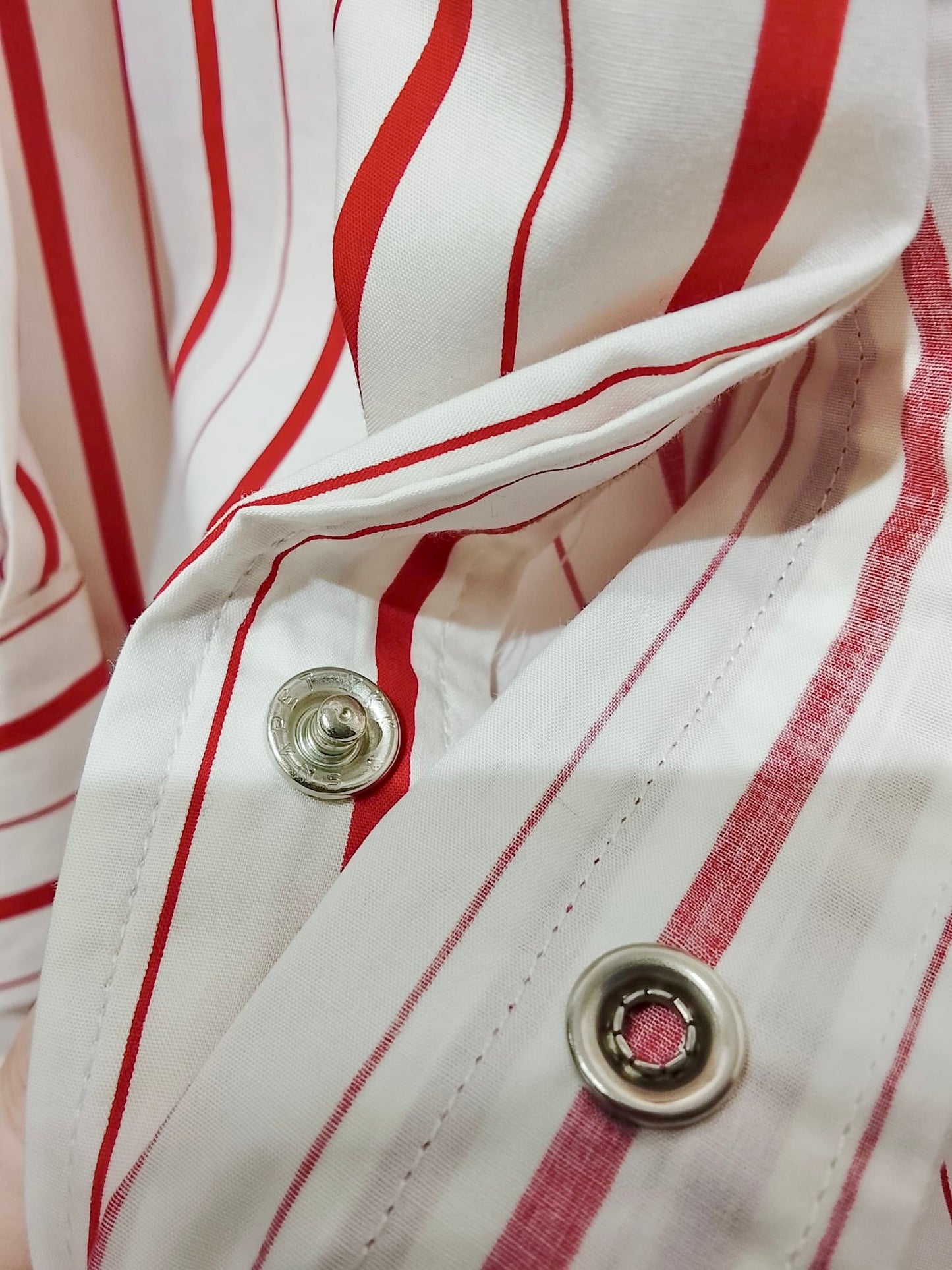 • FUSSY MADE • SCARLET RED STRIPE SNAP BUTTON SHIRT