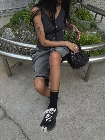 DUAL FABRIC DENIM SHORTS