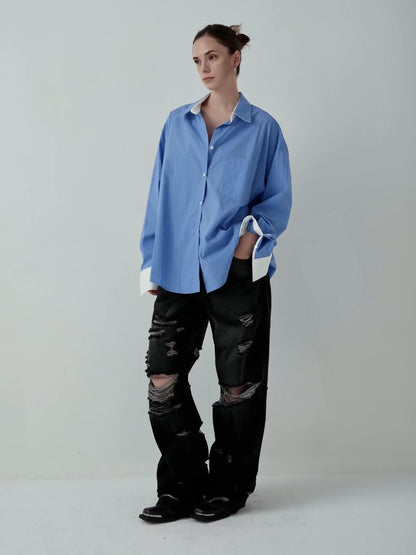 CONTRAST CUFF PINSTRIPES SHIRT