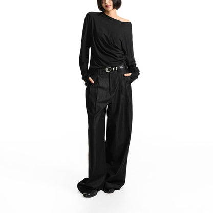LOOSE FIT TWILL WIDE LEG TROUSERS