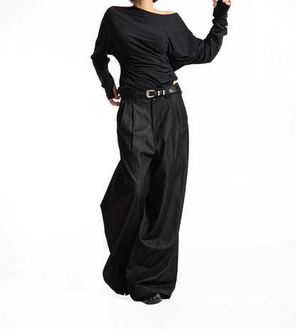 LOOSE FIT TWILL WIDE LEG TROUSERS