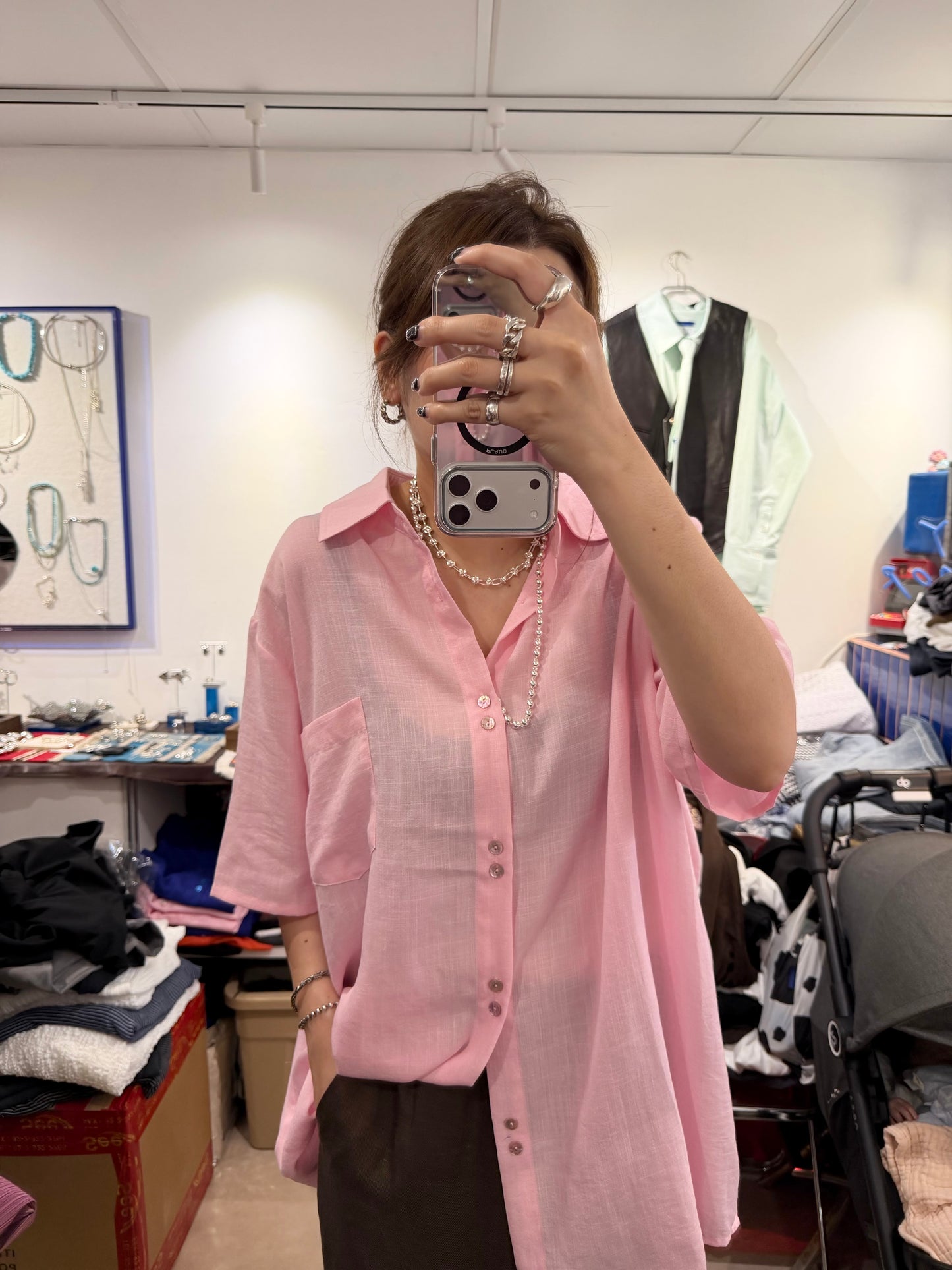 • FUSSY MADE • PINK AIRY SLUB LINEN SHIRT