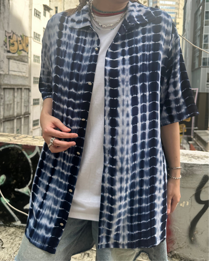 • FUSSY MADE • BLUE TIE DYE SHIBORI PRINTED SHIRT