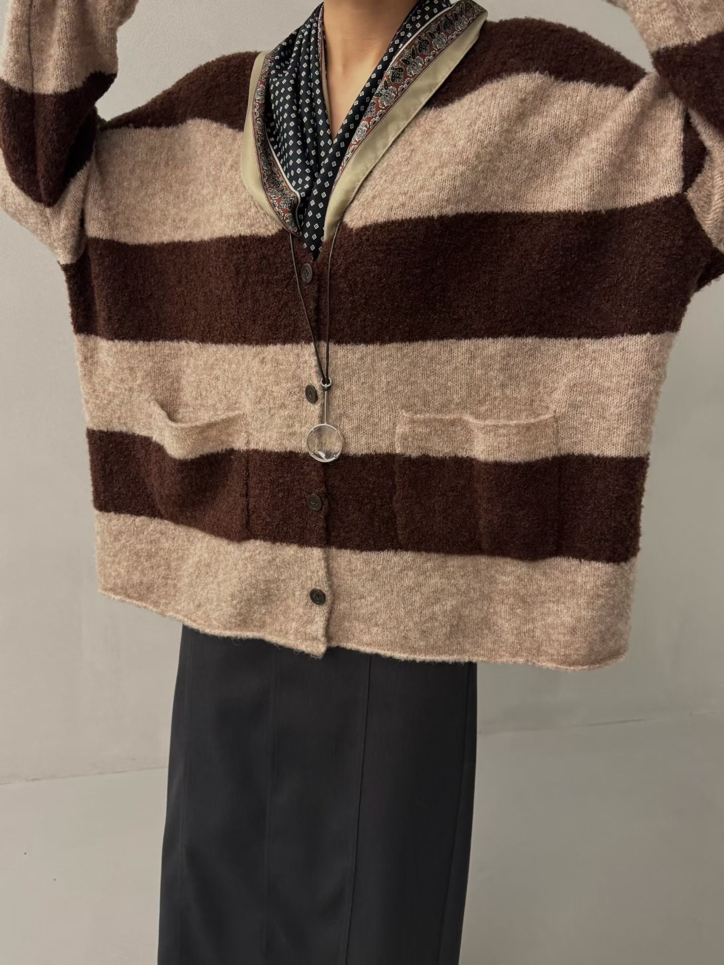 OVERSIZED STRIPED FUZZY KNIT CARDIGAN