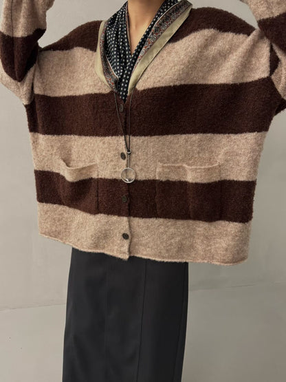 OVERSIZED STRIPED FUZZY KNIT CARDIGAN