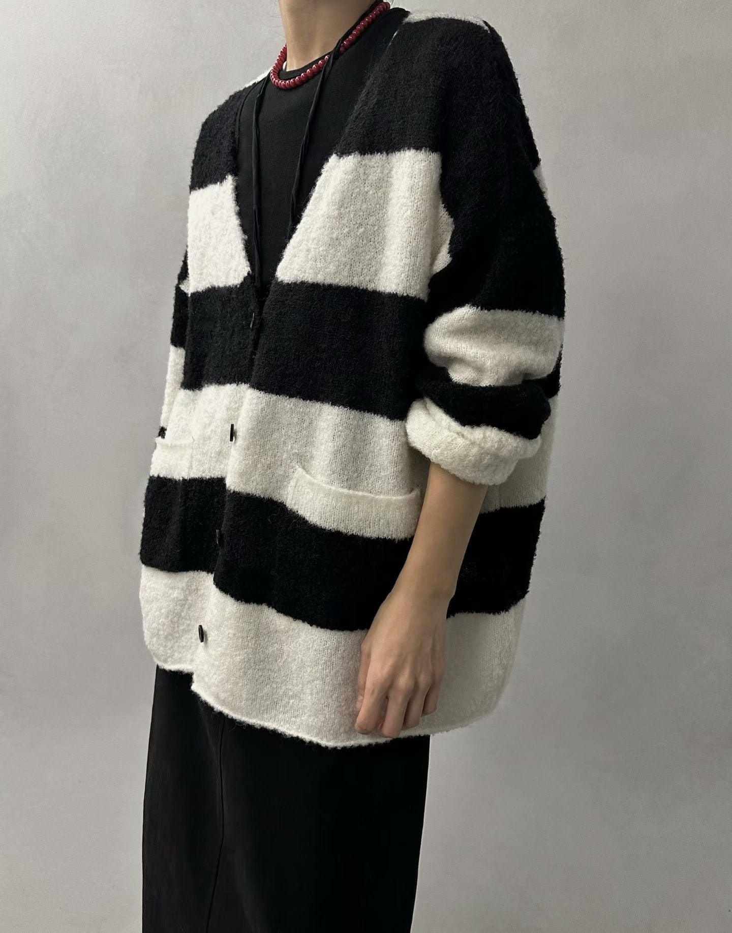 OVERSIZED STRIPED FUZZY KNIT CARDIGAN