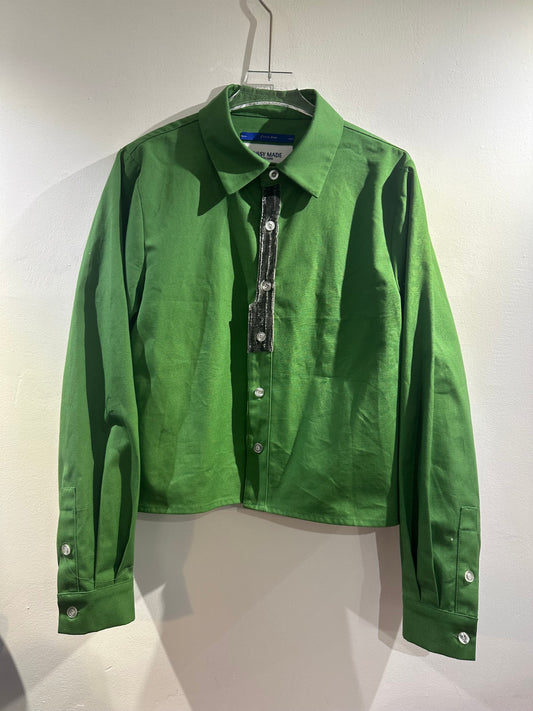 • FUSSY MADE • VELVET DELTAILED GREEN CROP SHIRT