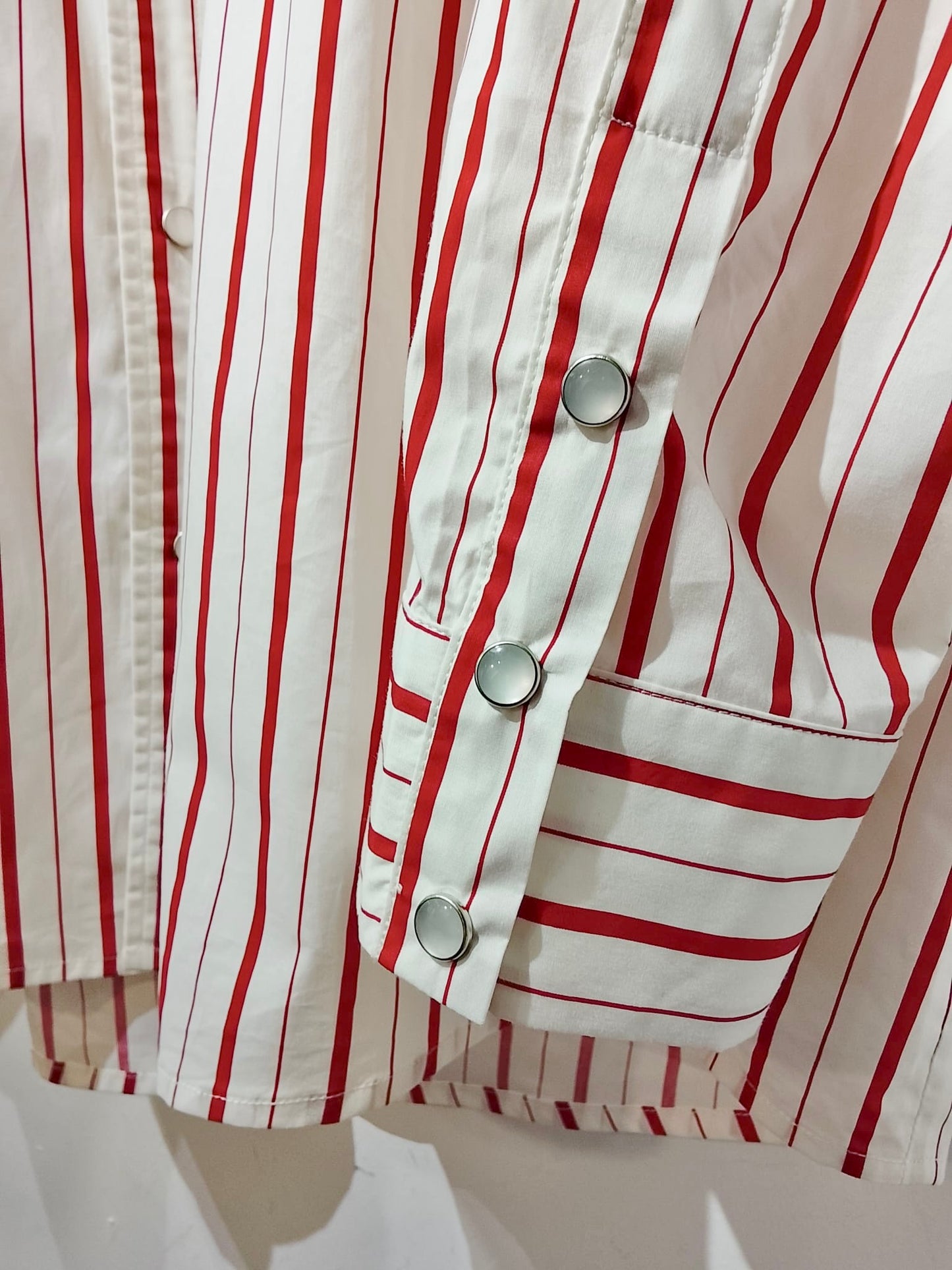 • FUSSY MADE • SCARLET RED STRIPE SNAP BUTTON SHIRT