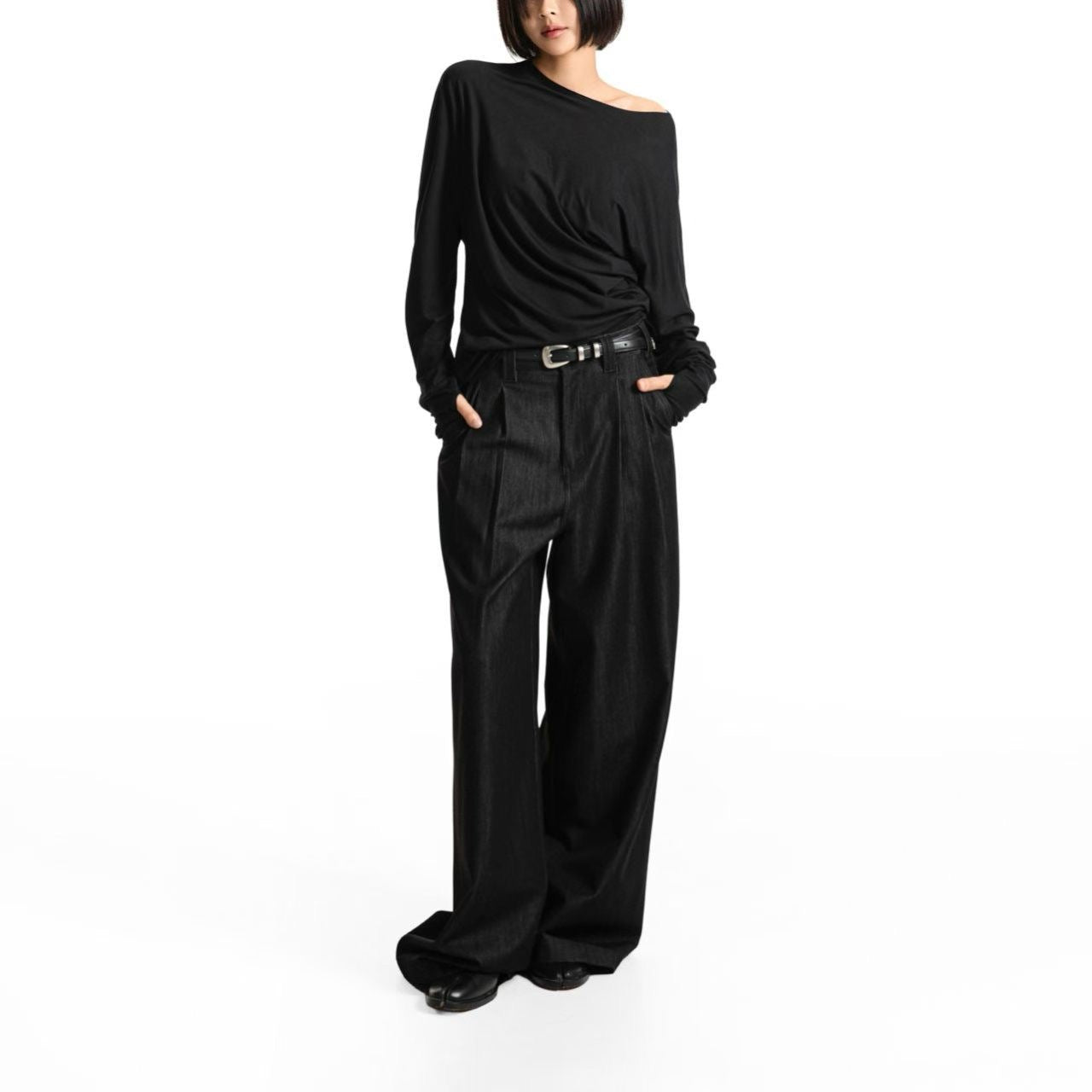 LOOSE FIT TWILL WIDE LEG TROUSERS