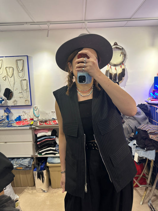• FUSSY MADE • JET BLACK PINSTRIPE POCKET BLAZER VEST