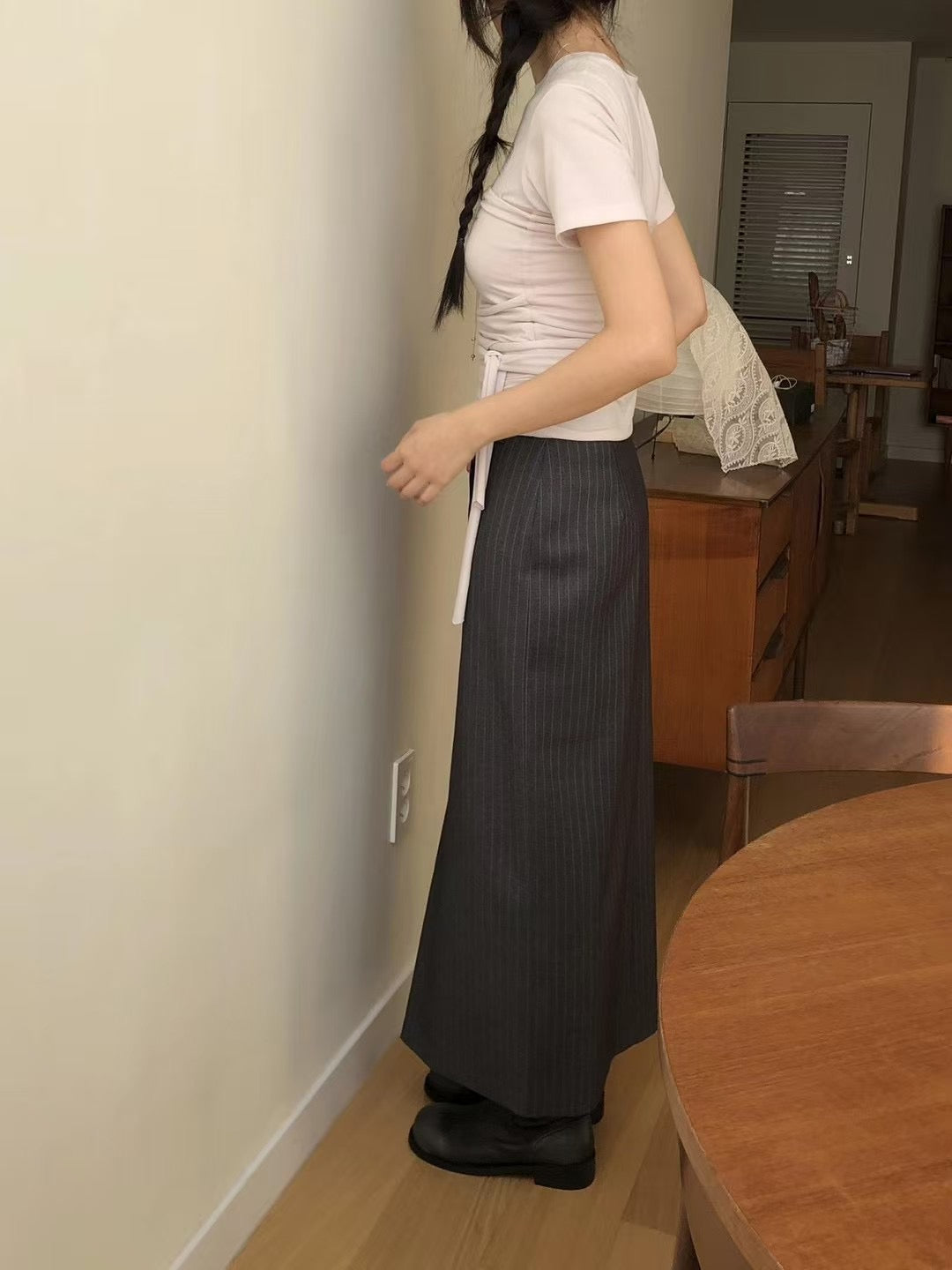 CROSS FLAP PINSTRIPES SKIRT