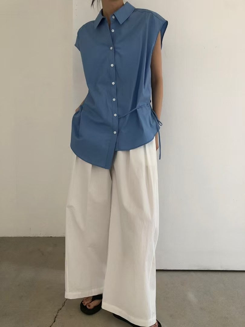 DRAWSTRING CAP SLEEVES SHIRT