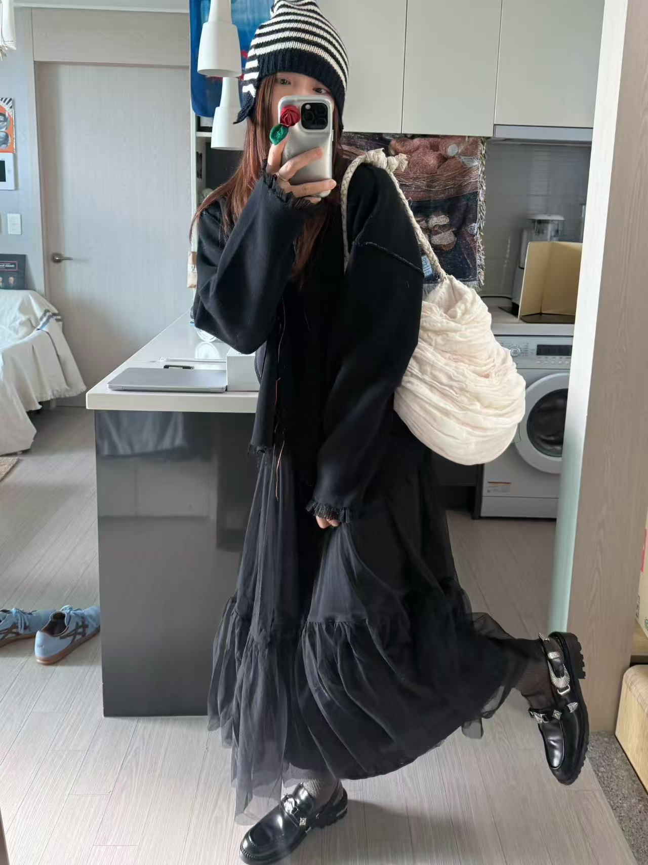 BLACK SMOCKED TULLE DRESS