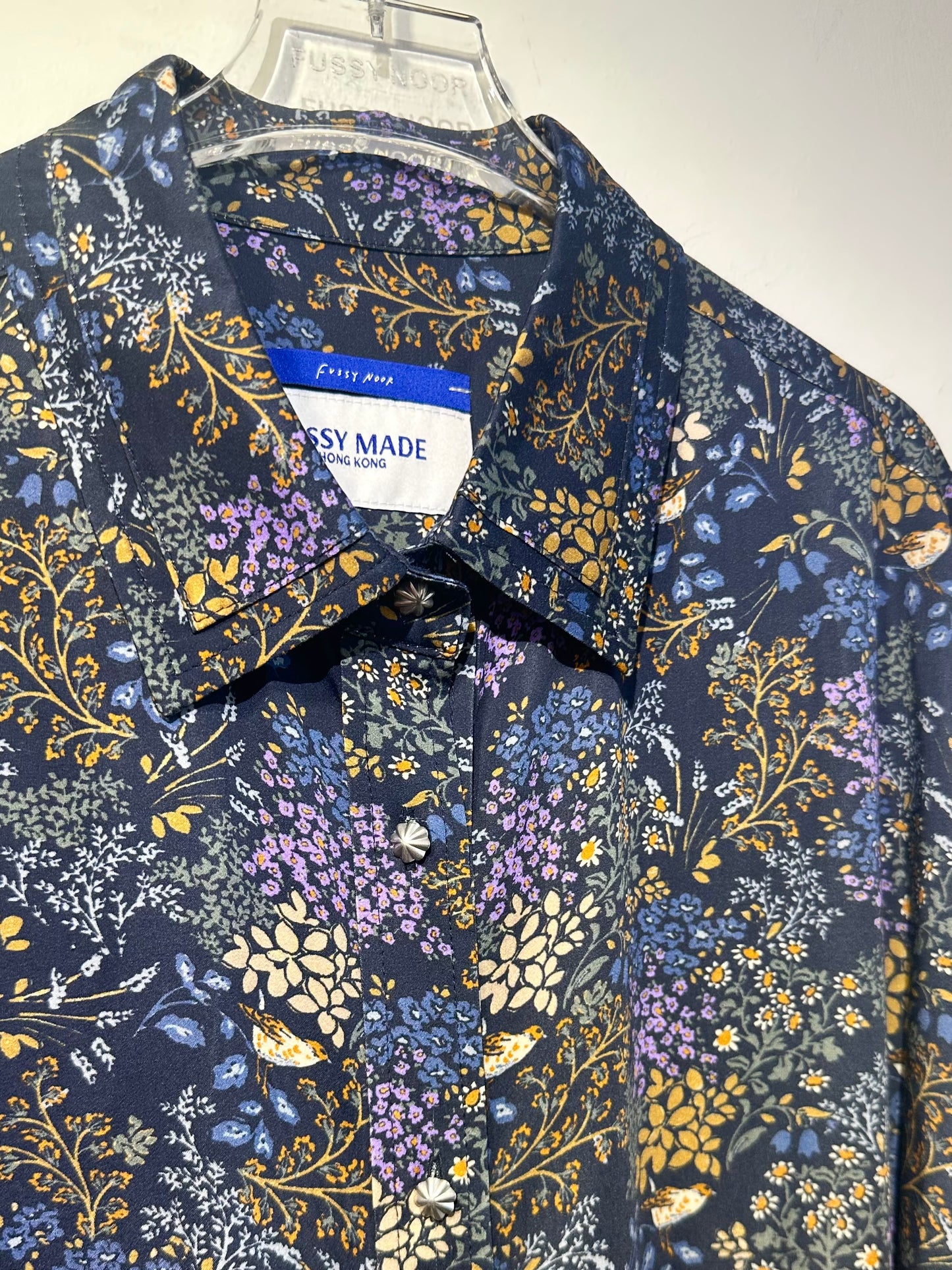 • FUSSY MADE • NAVY SILK FLORAL SHIRT  ( LIBERTY OF LONDON FABRIC )
