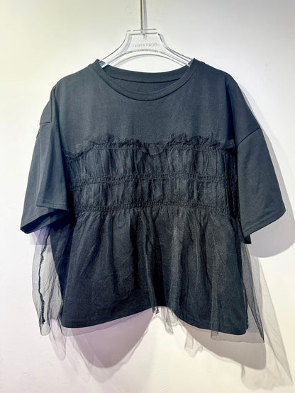 RUFFLE TRIM MESH OVERLAY TOP
