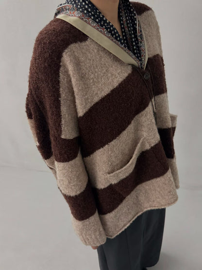 OVERSIZED STRIPED FUZZY KNIT CARDIGAN