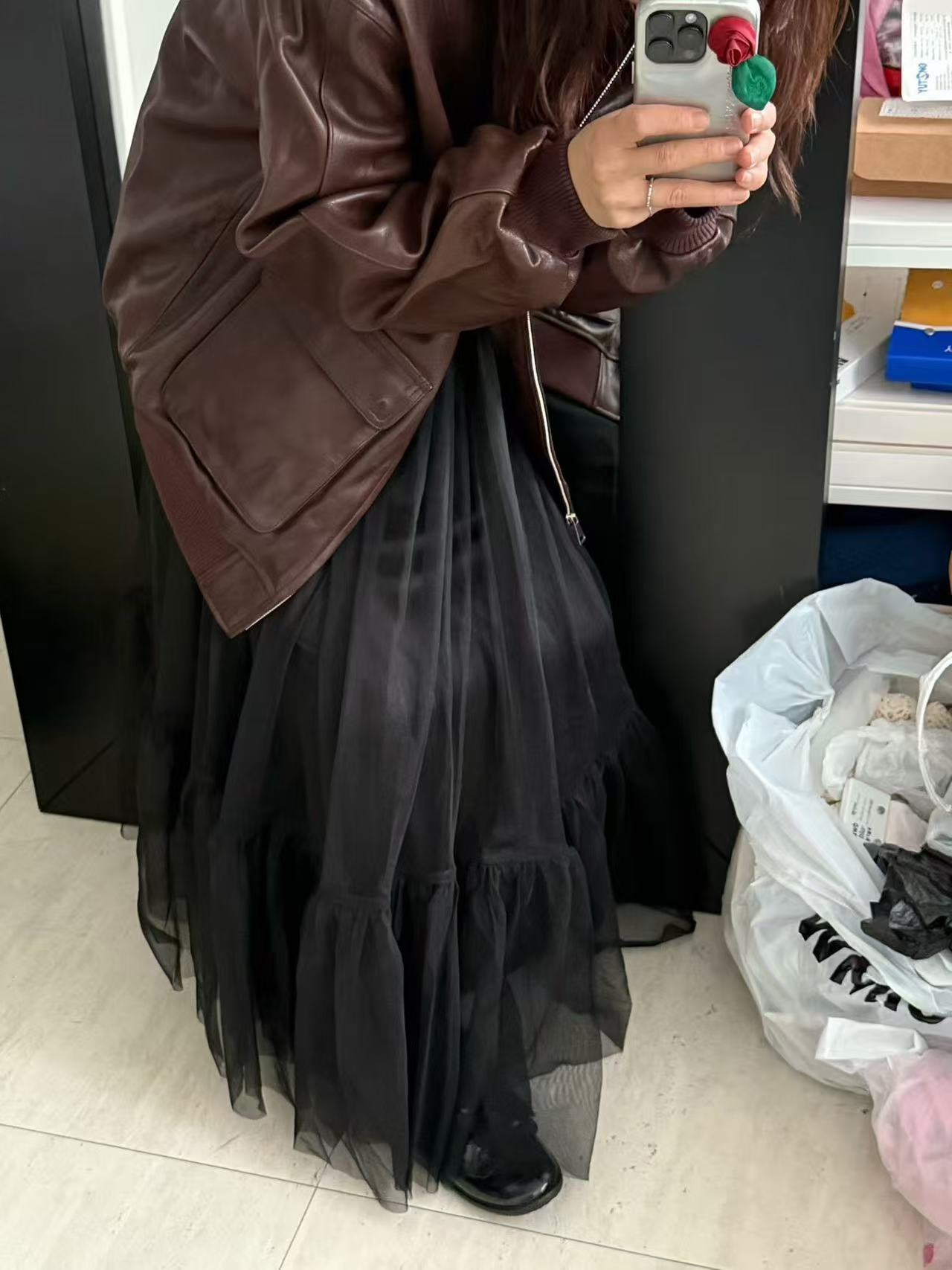 BLACK SMOCKED TULLE DRESS