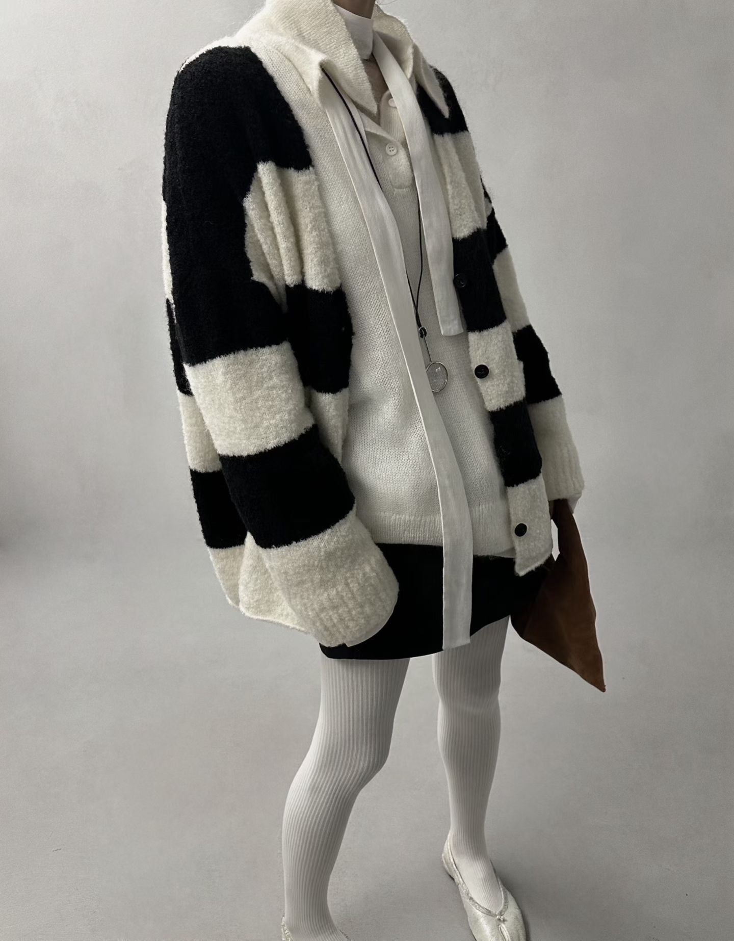 OVERSIZED STRIPED FUZZY KNIT CARDIGAN