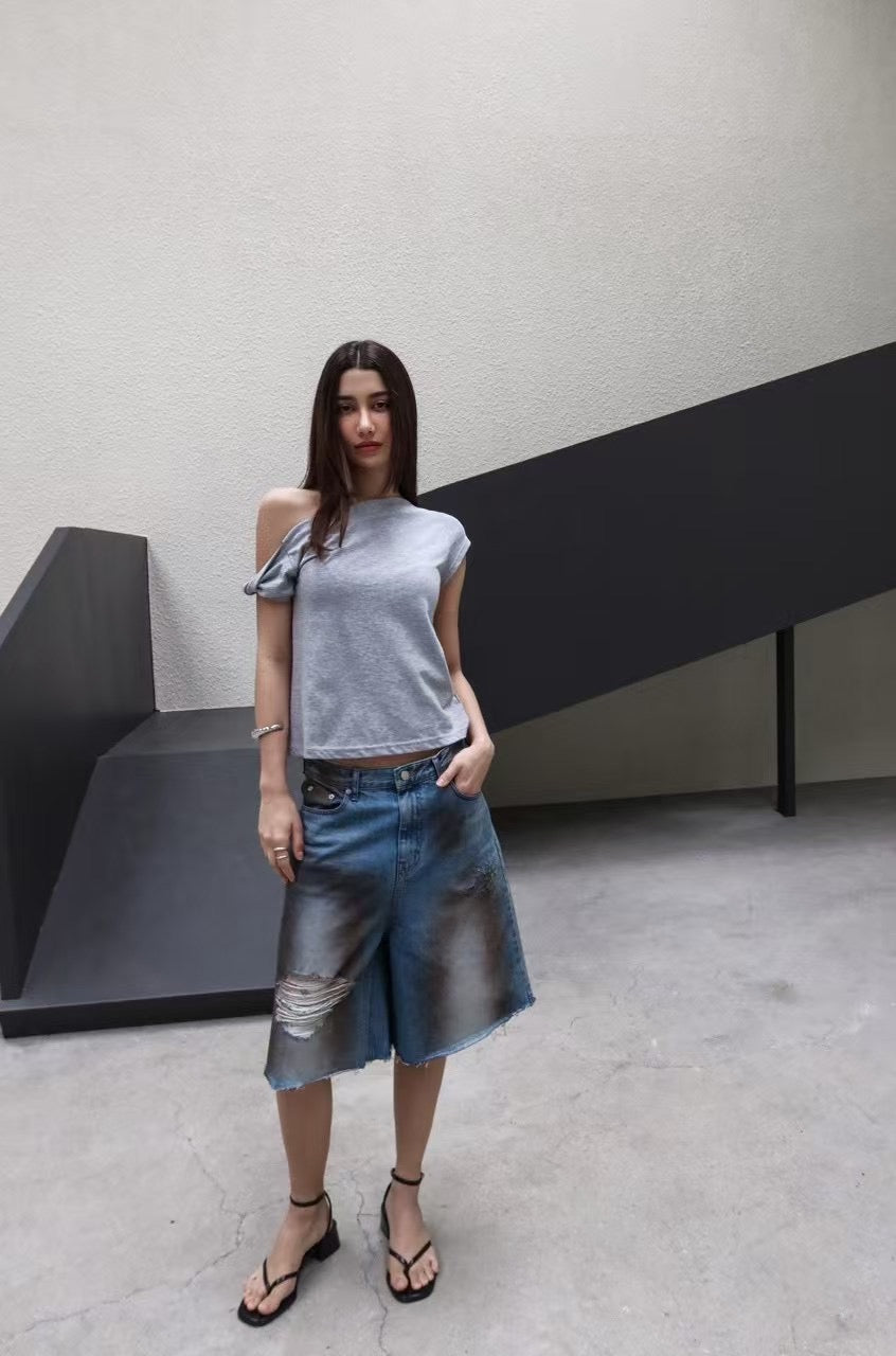 AZURE BREEZE DISTRESSED DENIM SHORTS
