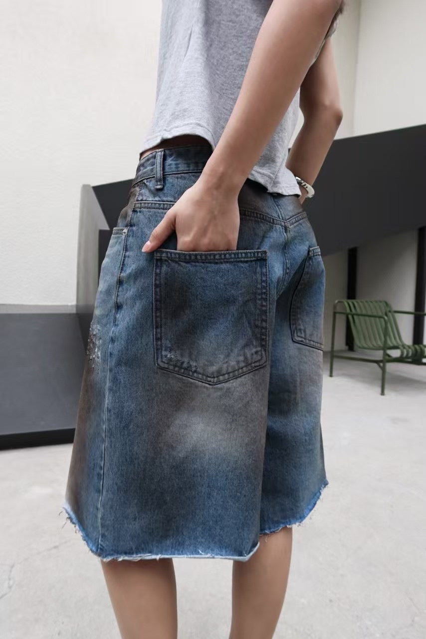 AZURE BREEZE DISTRESSED DENIM SHORTS