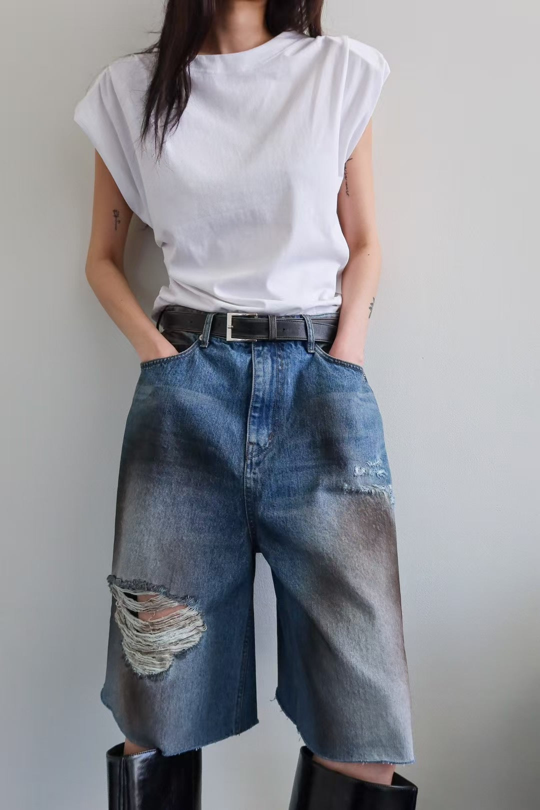 AZURE BREEZE DISTRESSED DENIM SHORTS