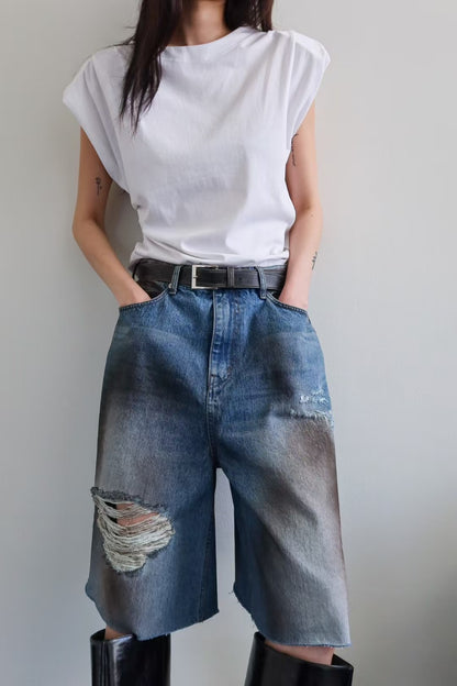 AZURE BREEZE DISTRESSED DENIM SHORTS