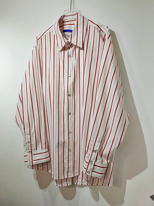 • FUSSY MADE • SCARLET RED STRIPE SNAP BUTTON SHIRT